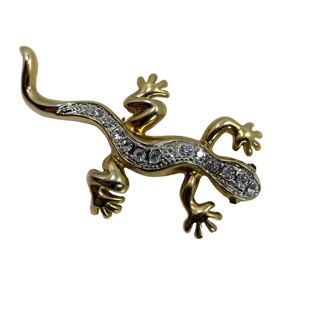 Vtg Gecko Brooch‎ Crystal Rhinestone Green Eyes Gold Tone Lizard Salamander 3in